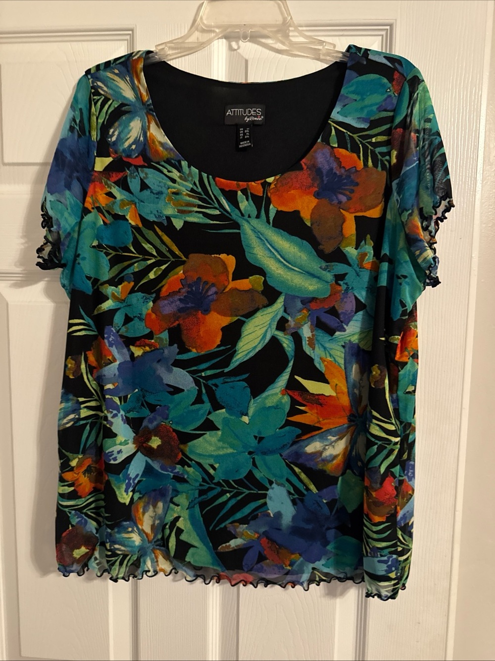 Attitudes by Renee Teal Multi Floral Scoop Neck Short Sleeve Top